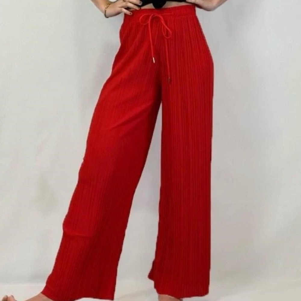 Wide Leg Pleat Pants - Burgundy